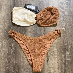 Cream and Brown Textured Bikini Set